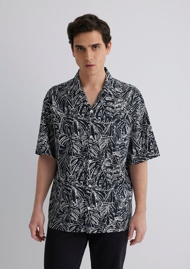  Mavi Kısa Kollu Baskılı Gömlek Loose Fit / Bol Rahat Kesim 0211535-90436