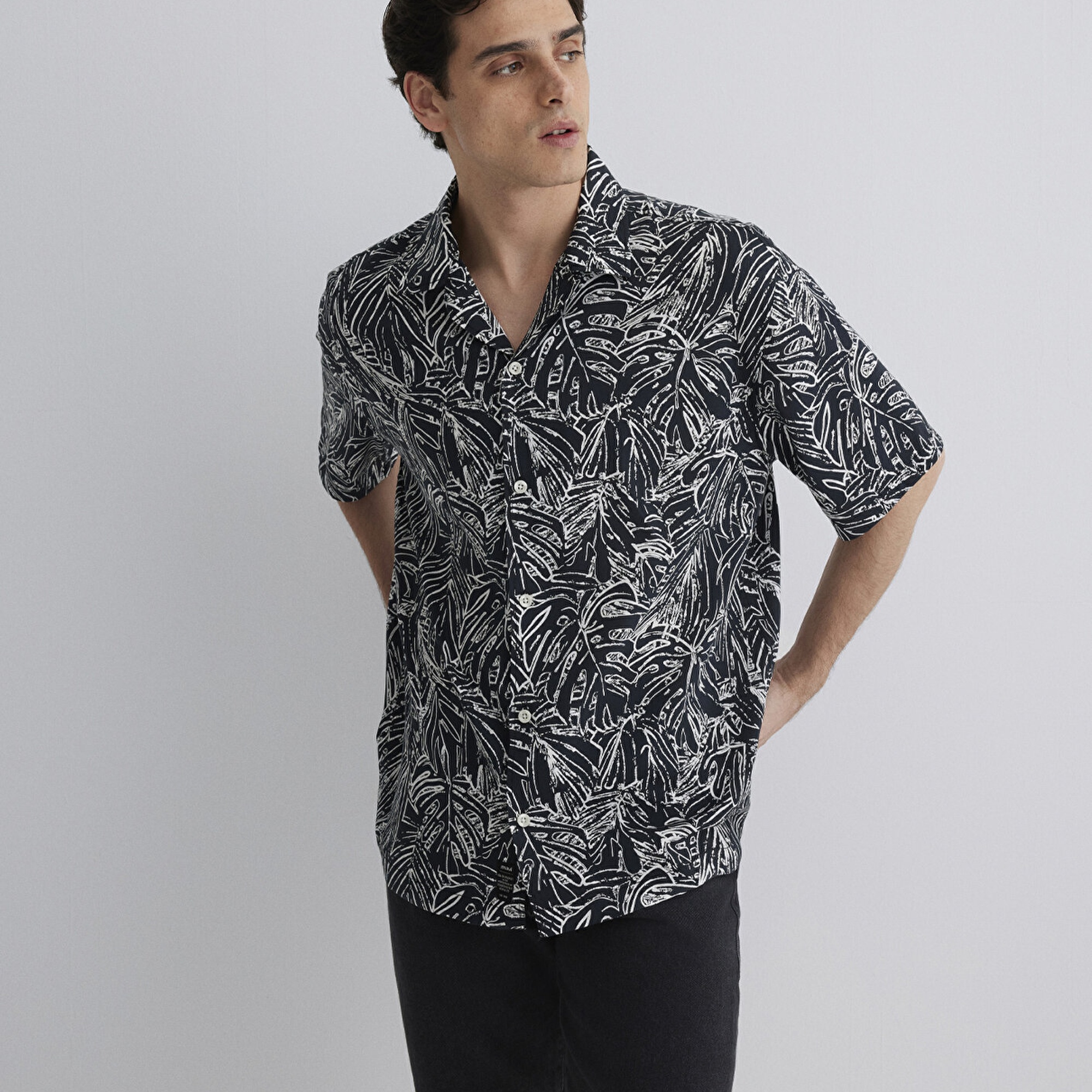 Mavi Kısa Kollu Baskılı Gömlek Loose Fit / Bol Rahat Kesim 0211535-90436