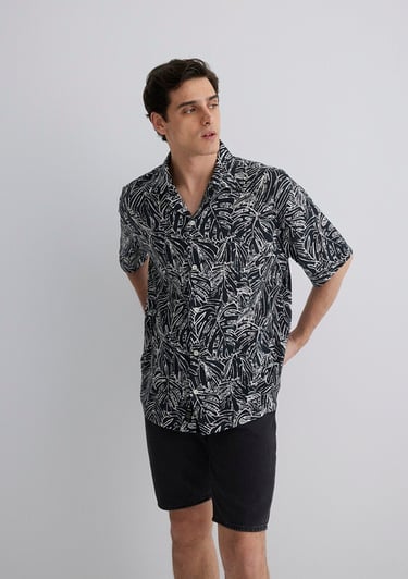  Mavi Kısa Kollu Baskılı Gömlek Loose Fit / Bol Rahat Kesim 0211535-90436