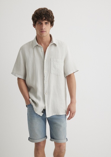  Mavi Gri Keten Gömlek Regular Fit / Normal Kesim 0211473-70080