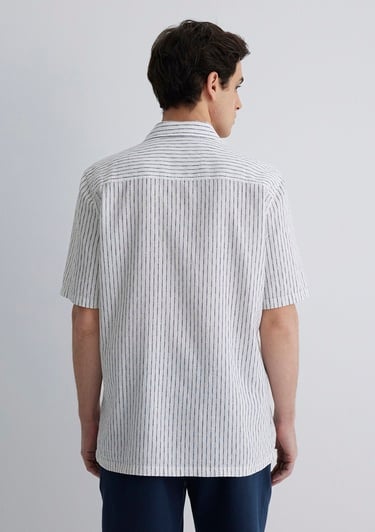  Mavi Keten Karışımlı Çizgili Gömlek Regular Fit / Normal Kesim 0211549-87737