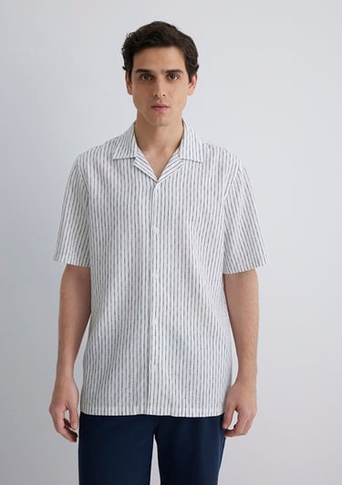  Mavi Keten Karışımlı Çizgili Gömlek Regular Fit / Normal Kesim 0211549-87737