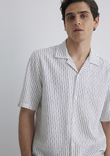  Mavi Keten Karışımlı Çizgili Gömlek Regular Fit / Normal Kesim 0211549-87737