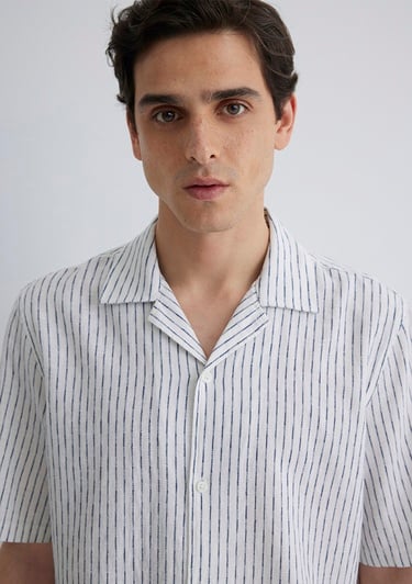  Mavi Keten Karışımlı Çizgili Gömlek Regular Fit / Normal Kesim 0211549-87737