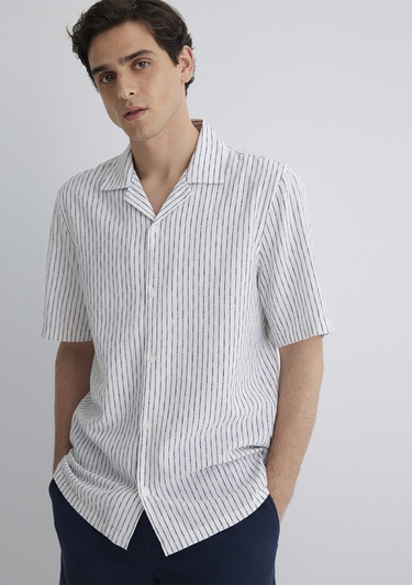  Mavi Keten Karışımlı Çizgili Gömlek Regular Fit / Normal Kesim 0211549-87737