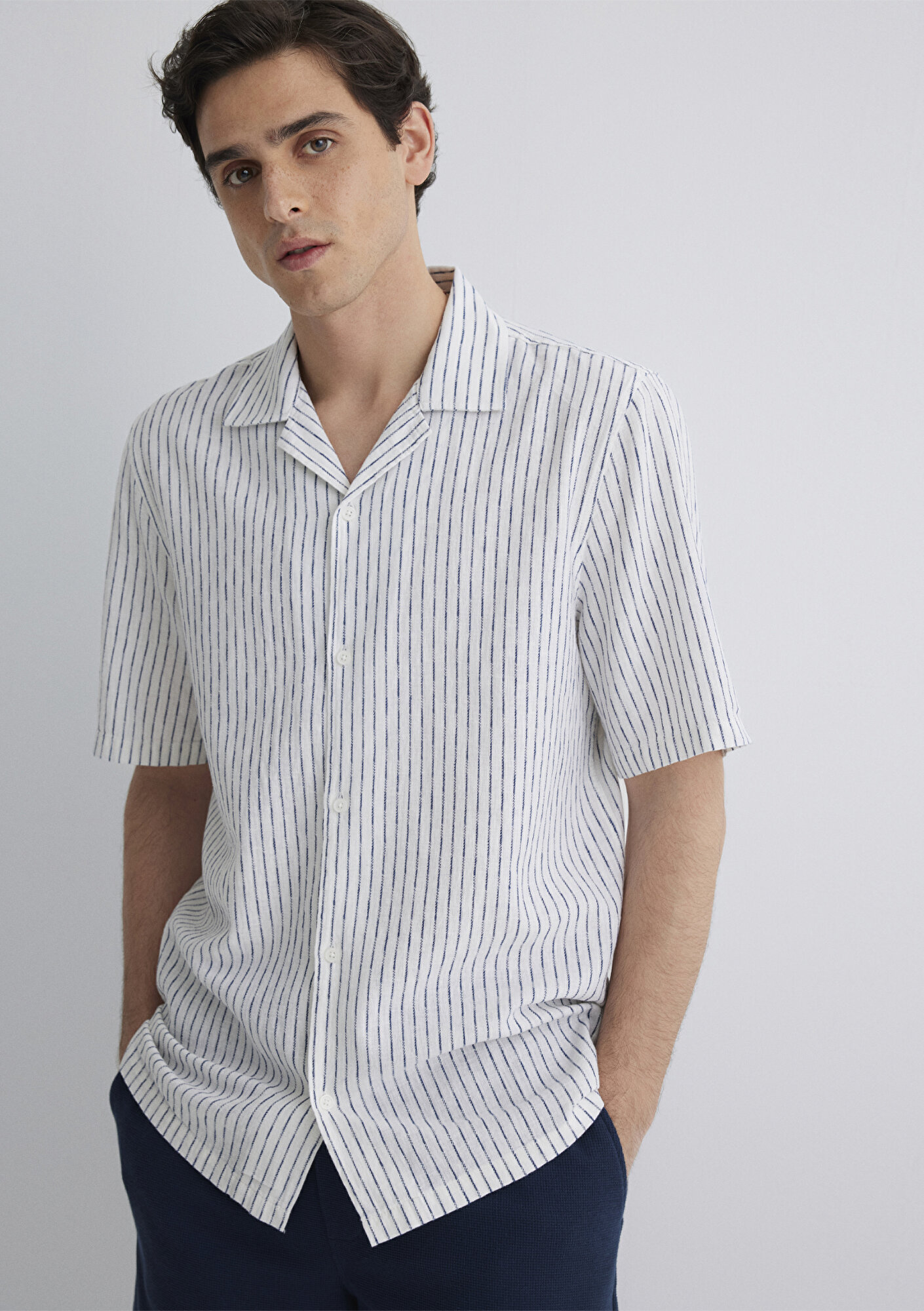  Mavi Keten Karışımlı Çizgili Gömlek Regular Fit / Normal Kesim 0211549-87737