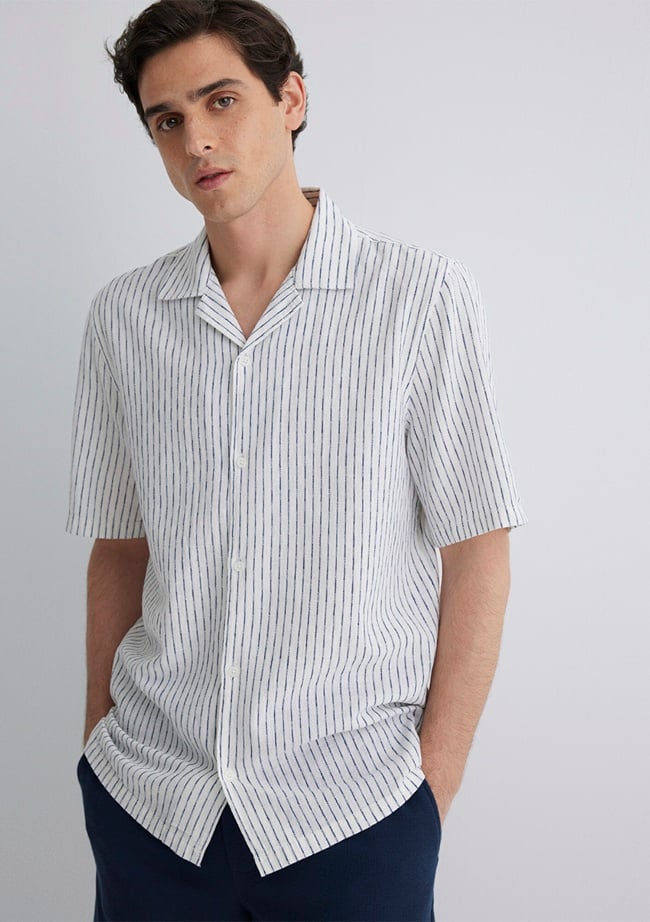  Mavi Keten Karışımlı Çizgili Gömlek Regular Fit / Normal Kesim 0211549-87737