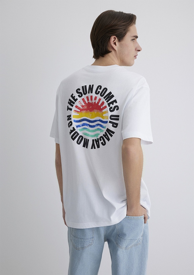  Mavi Sırt Baskılı Beyaz Tişört Loose Fit / Bol Rahat Kesim 0612610-620