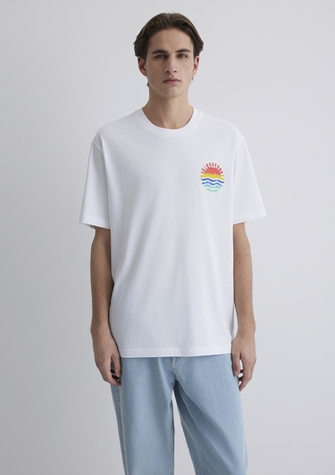  Mavi Sırt Baskılı Beyaz Tişört Loose Fit / Bol Rahat Kesim 0612610-620