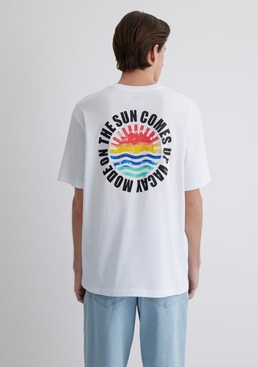  Mavi Sırt Baskılı Beyaz Tişört Loose Fit / Bol Rahat Kesim 0612610-620