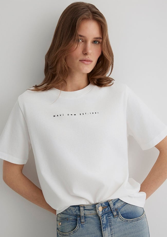  Mavi Mavi Baskılı Ekru Tişört Regular Fit / Normal Kesim 1613147-70057