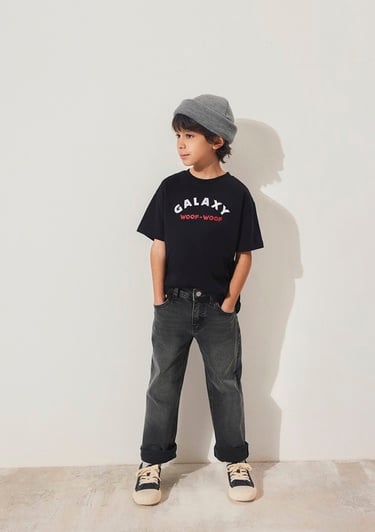  Mavi Astro Dogs Baskılı Siyah Tişört Loose Fit / Bol Rahat Kesim 6610253-900