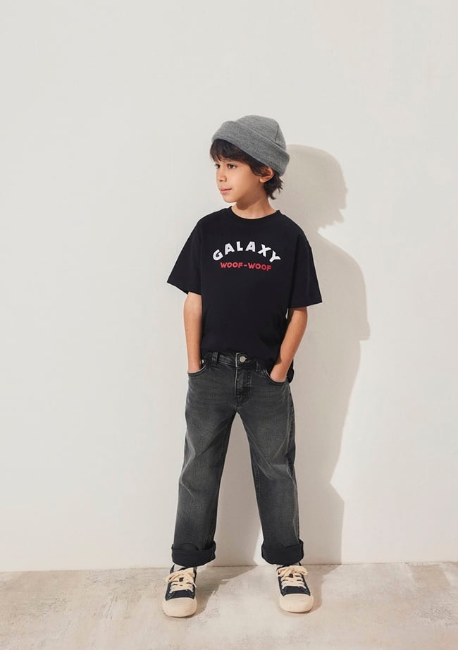  Mavi Astro Dogs Baskılı Siyah Tişört Loose Fit / Bol Rahat Kesim 6610253-900