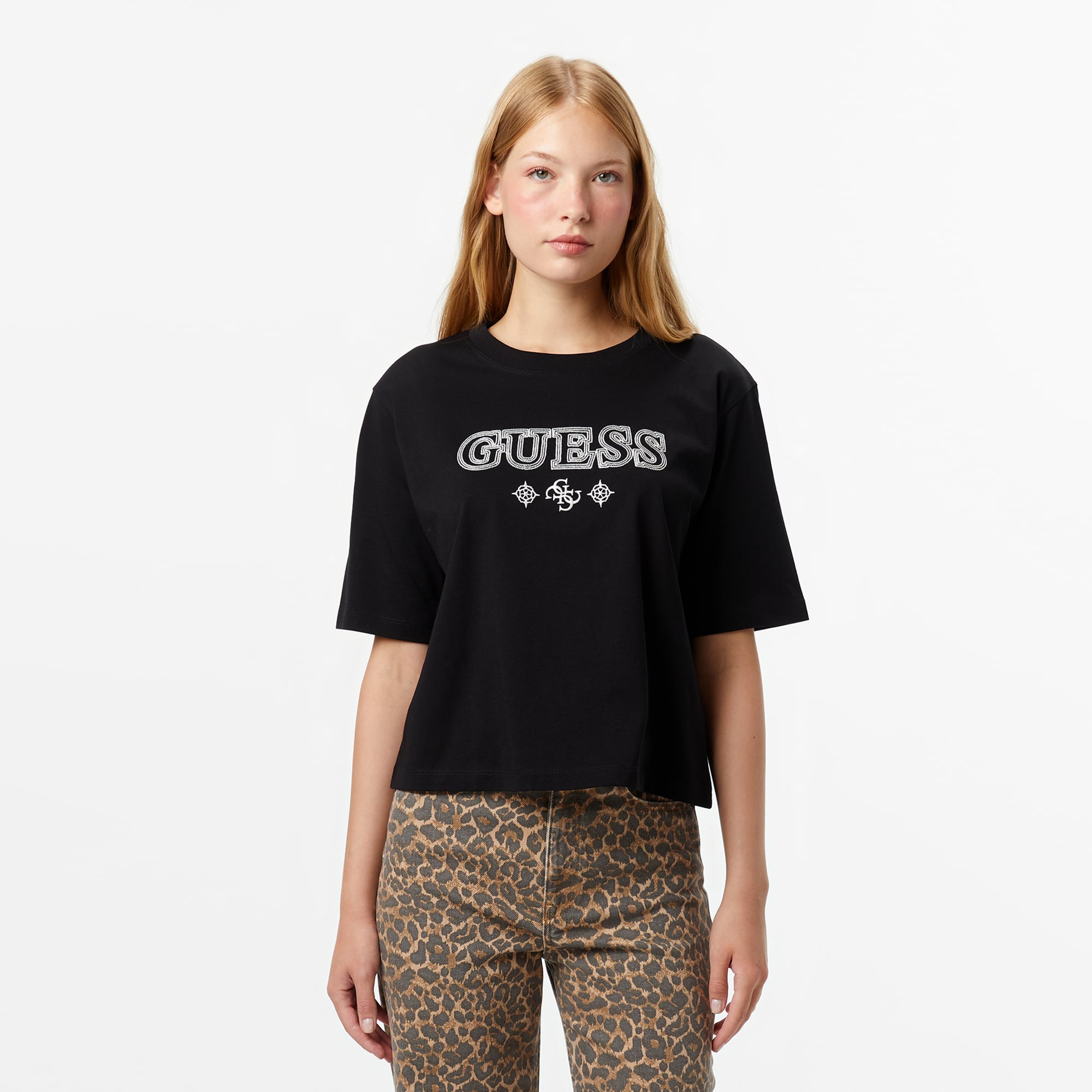  Guess Gloria Boxy Fit Kadın Siyah T-Shirt