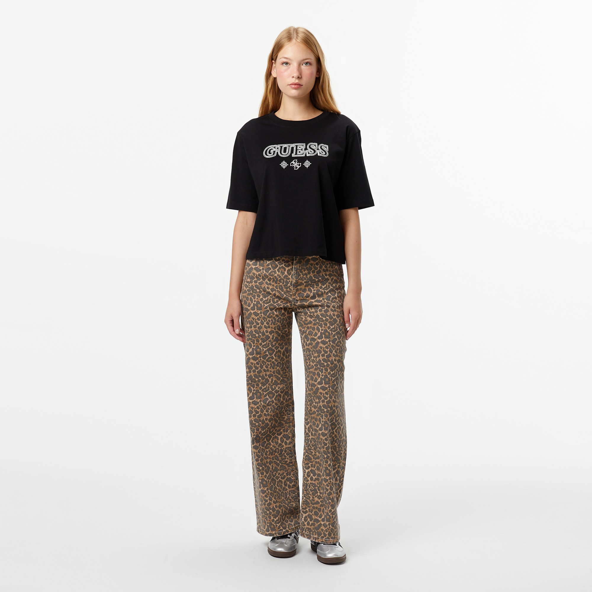 Guess Gloria Boxy Fit Kadın Siyah T-Shirt