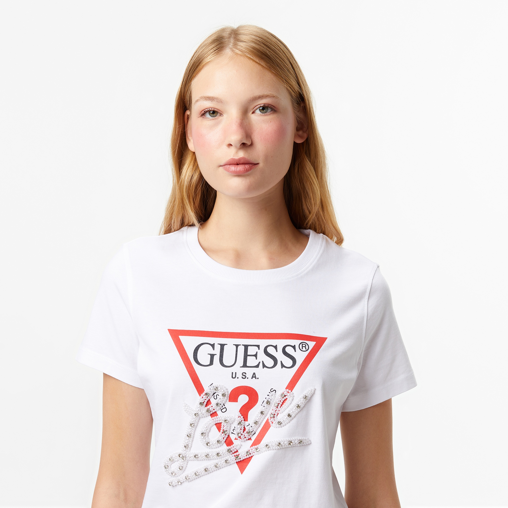 Guess Pearls Regular Fit Kadın Beyaz T-Shirt