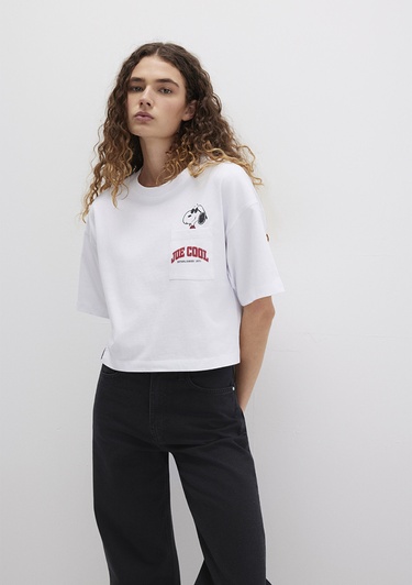  Mavi Snoopy Baskılı Beyaz Tişört Boxy Fit 1613669-620