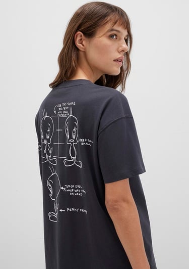  Mavi Tweety Baskılı Antrasit Tişört Loose Fit / Bol Rahat Kesim 1613672-70087