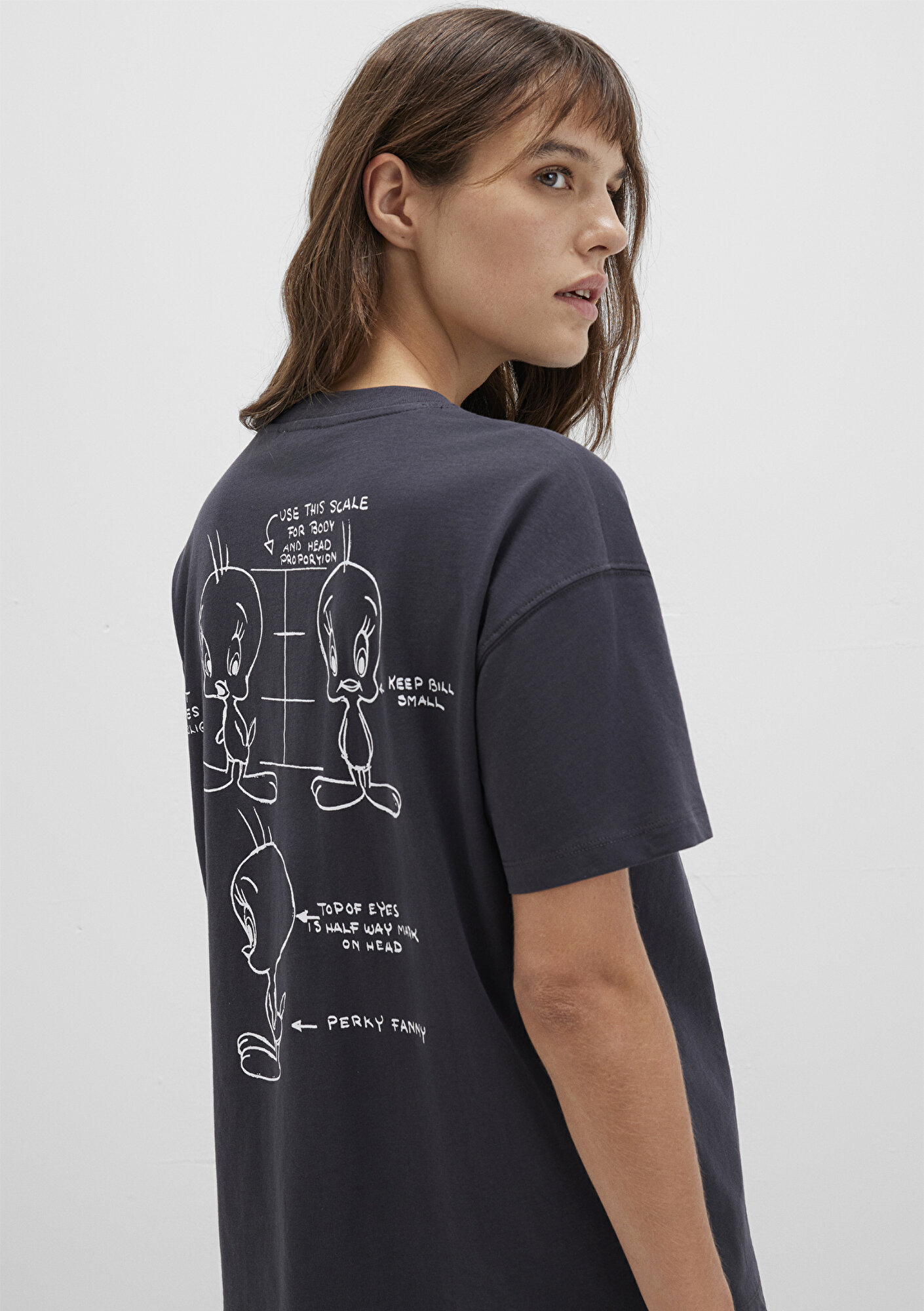  Mavi Tweety Baskılı Antrasit Tişört Loose Fit / Bol Rahat Kesim 1613672-70087