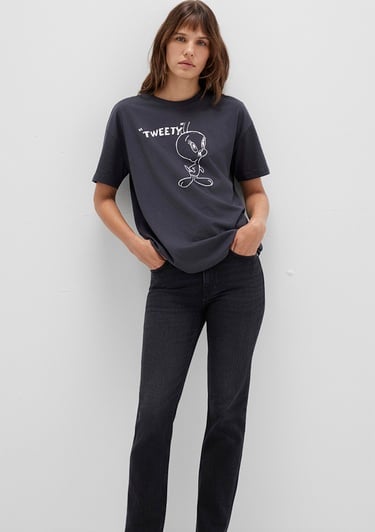  Mavi Tweety Baskılı Antrasit Tişört Loose Fit / Bol Rahat Kesim 1613672-70087