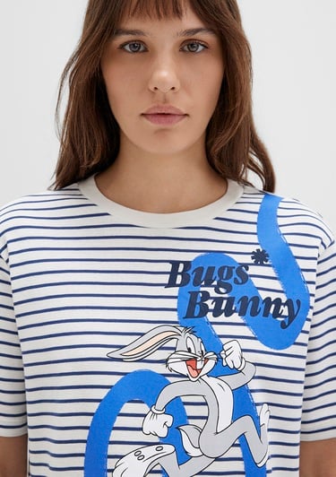  Mavi Bugs Bunny Baskılı Çizgili Beyaz Tişört Regular Fit / Normal Kesim 1613668-86676