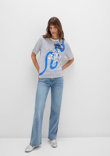  Mavi Bugs Bunny Baskılı Çizgili Beyaz Tişört Regular Fit / Normal Kesim 1613668-86676