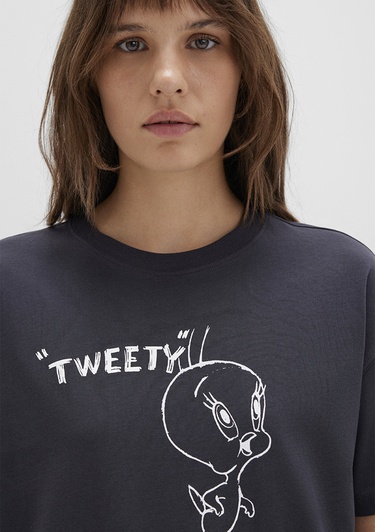  Mavi Tweety Baskılı Antrasit Tişört Loose Fit / Bol Rahat Kesim 1613672-70087