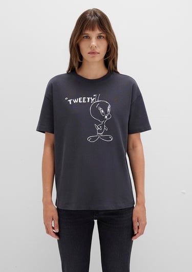  Mavi Tweety Baskılı Antrasit Tişört Loose Fit / Bol Rahat Kesim 1613672-70087