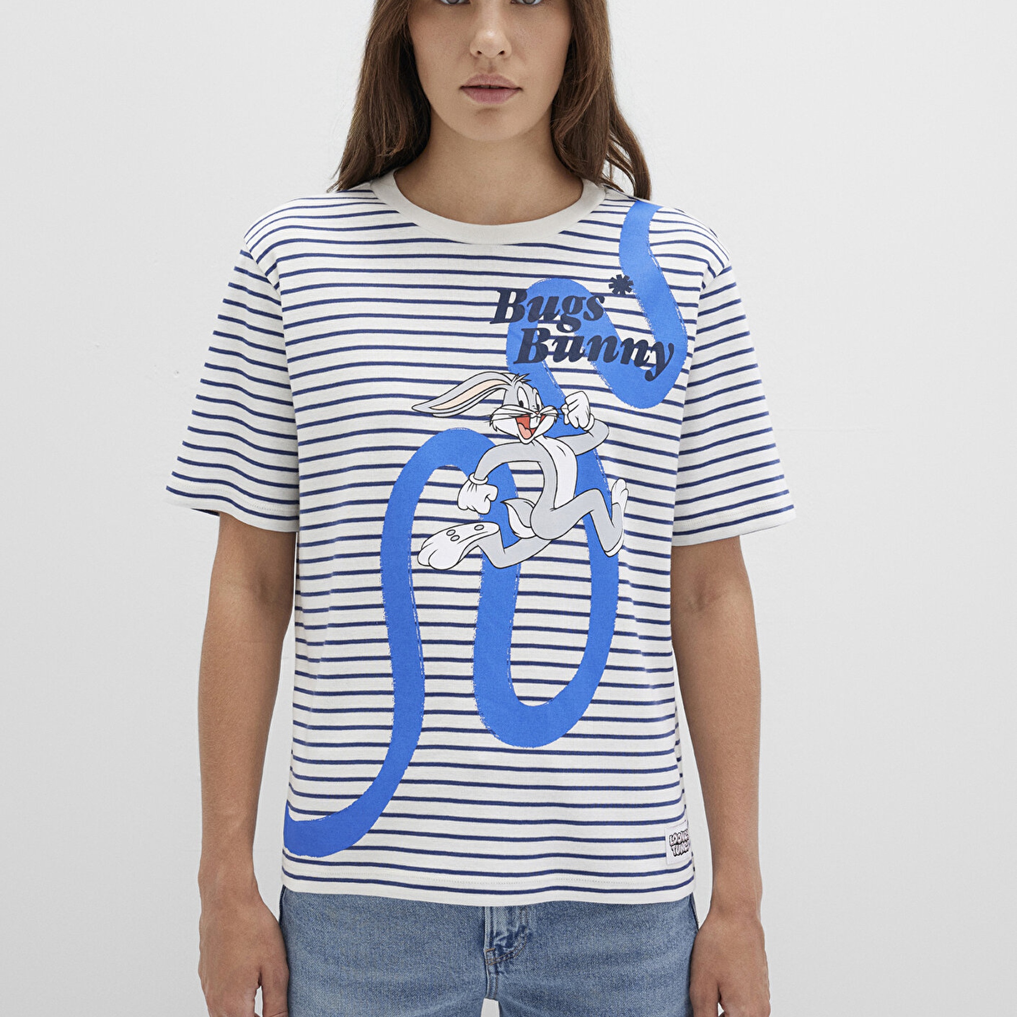 Mavi Bugs Bunny Baskılı Çizgili Beyaz Tişört Regular Fit / Normal Kesim 1613668-86676