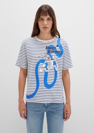  Mavi Bugs Bunny Baskılı Çizgili Beyaz Tişört Regular Fit / Normal Kesim 1613668-86676