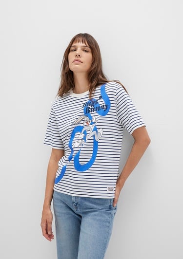  Mavi Bugs Bunny Baskılı Çizgili Beyaz Tişört Regular Fit / Normal Kesim 1613668-86676