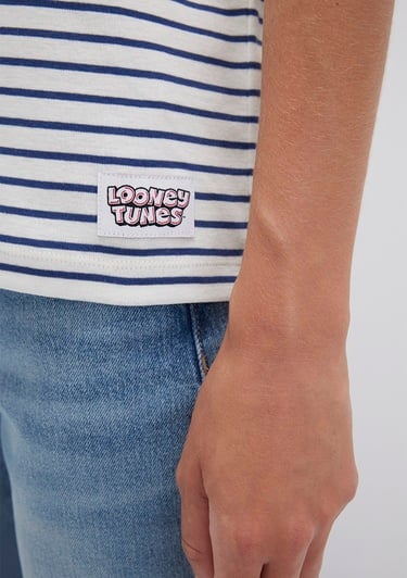  Mavi Bugs Bunny Baskılı Çizgili Beyaz Tişört Regular Fit / Normal Kesim 1613668-86676