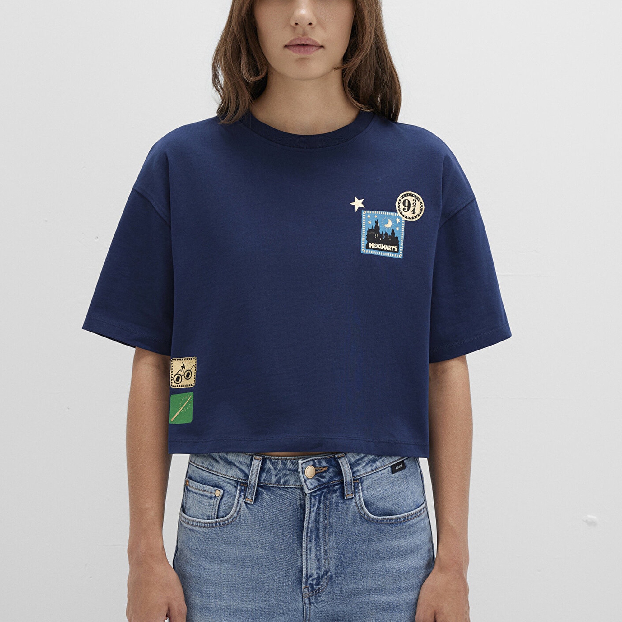 Mavi Hogwarts Baskılı Lacivert Tişört Boxy Fit 1613674-70488