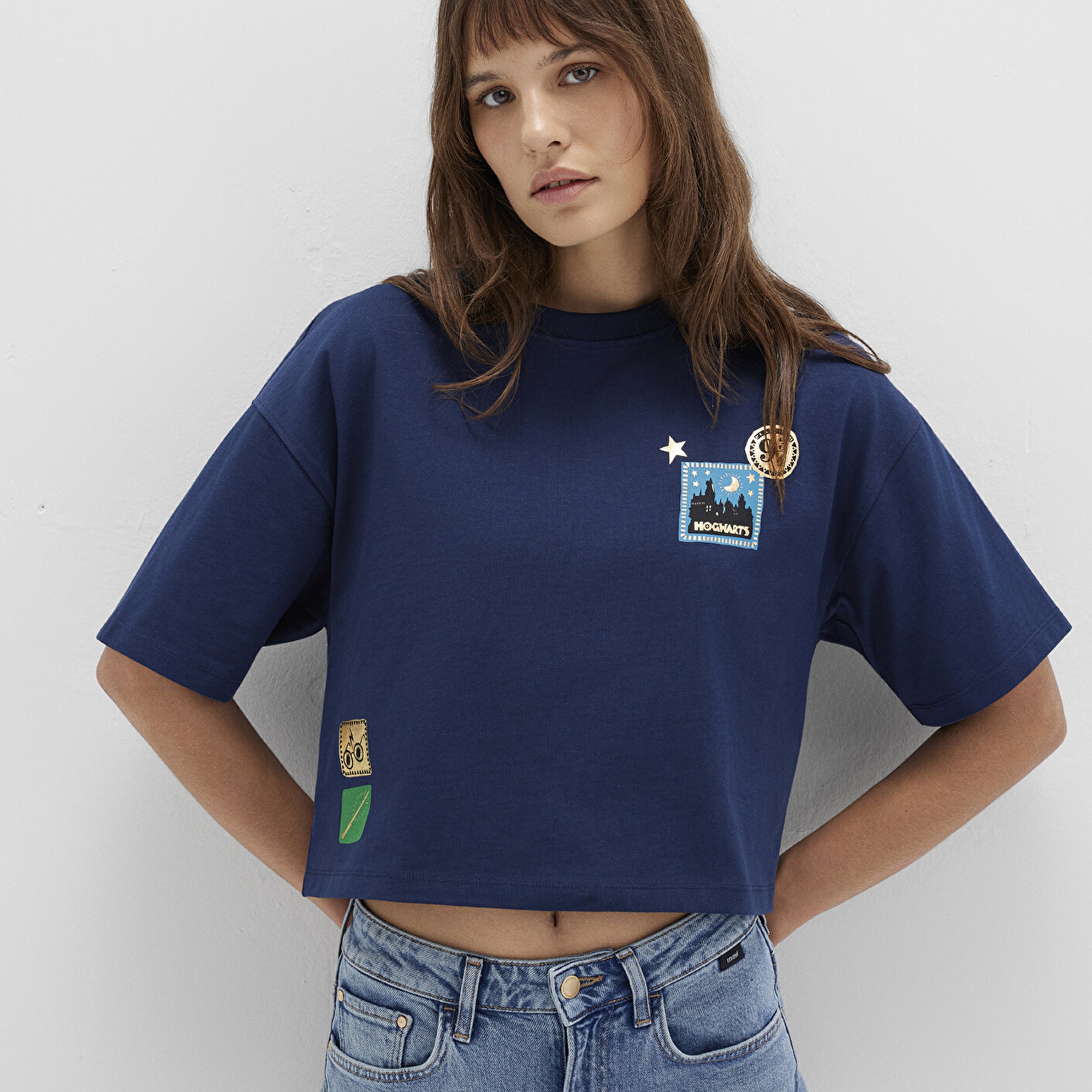 Mavi Hogwarts Baskılı Lacivert Tişört Boxy Fit 1613674-70488