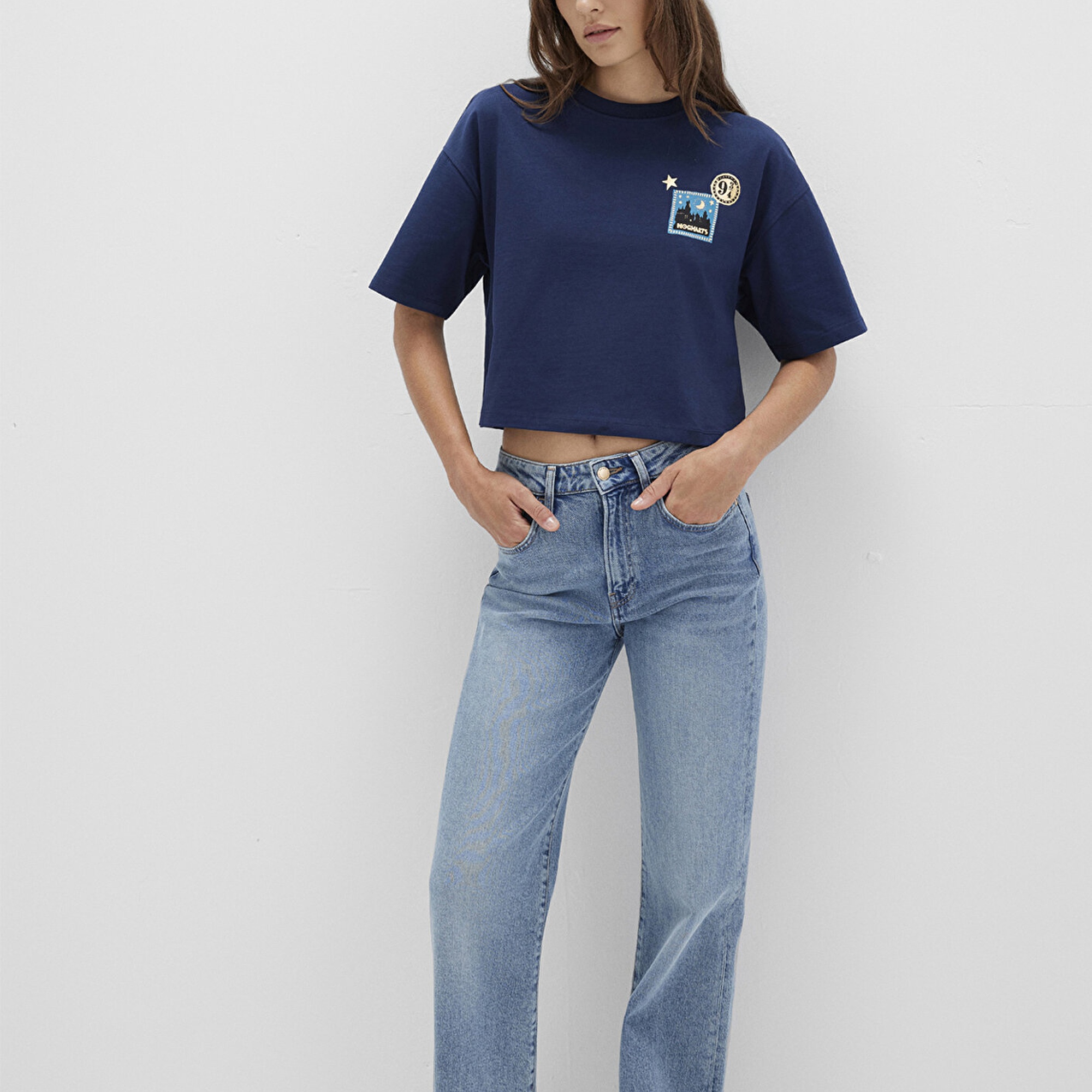 Mavi Hogwarts Baskılı Lacivert Tişört Boxy Fit 1613674-70488