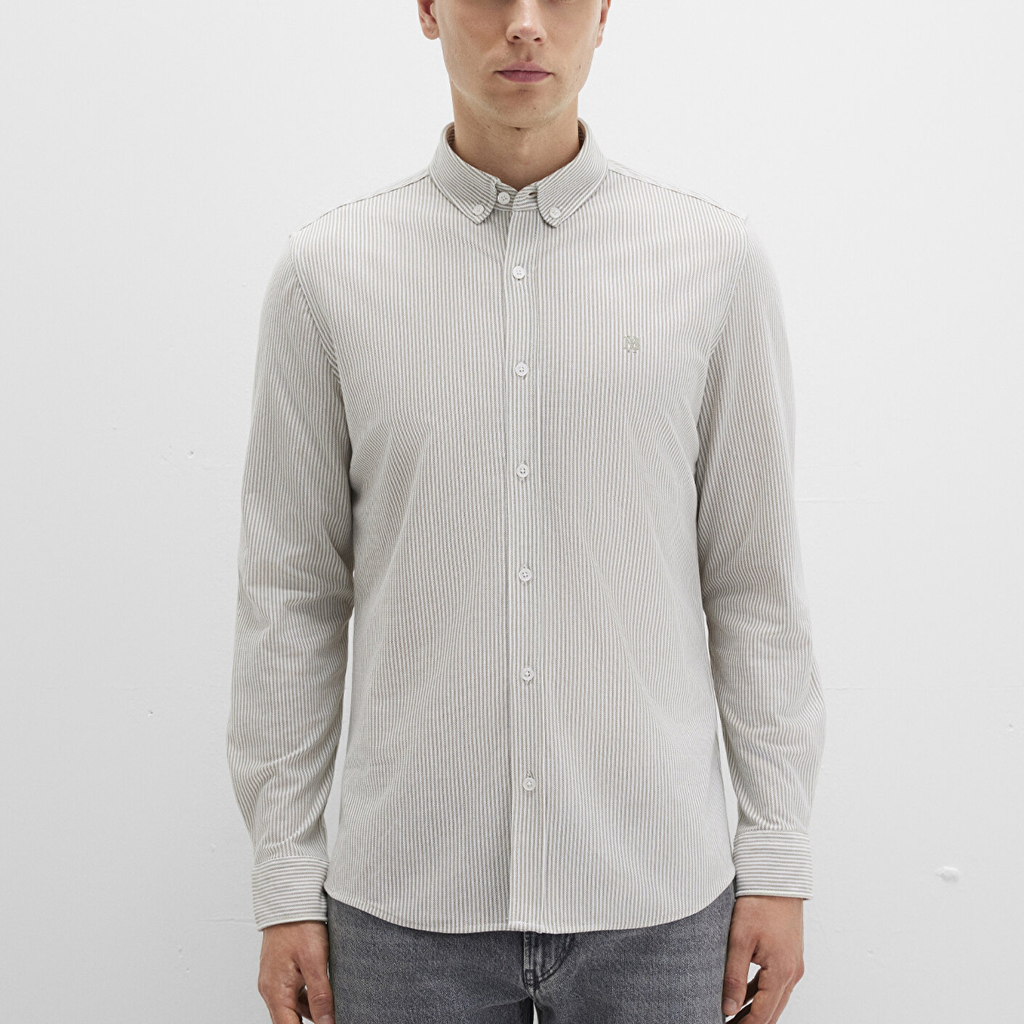 Mavi Çizgili Haki Gömlek Slim Fit / Dar Kesim 0211402-91332