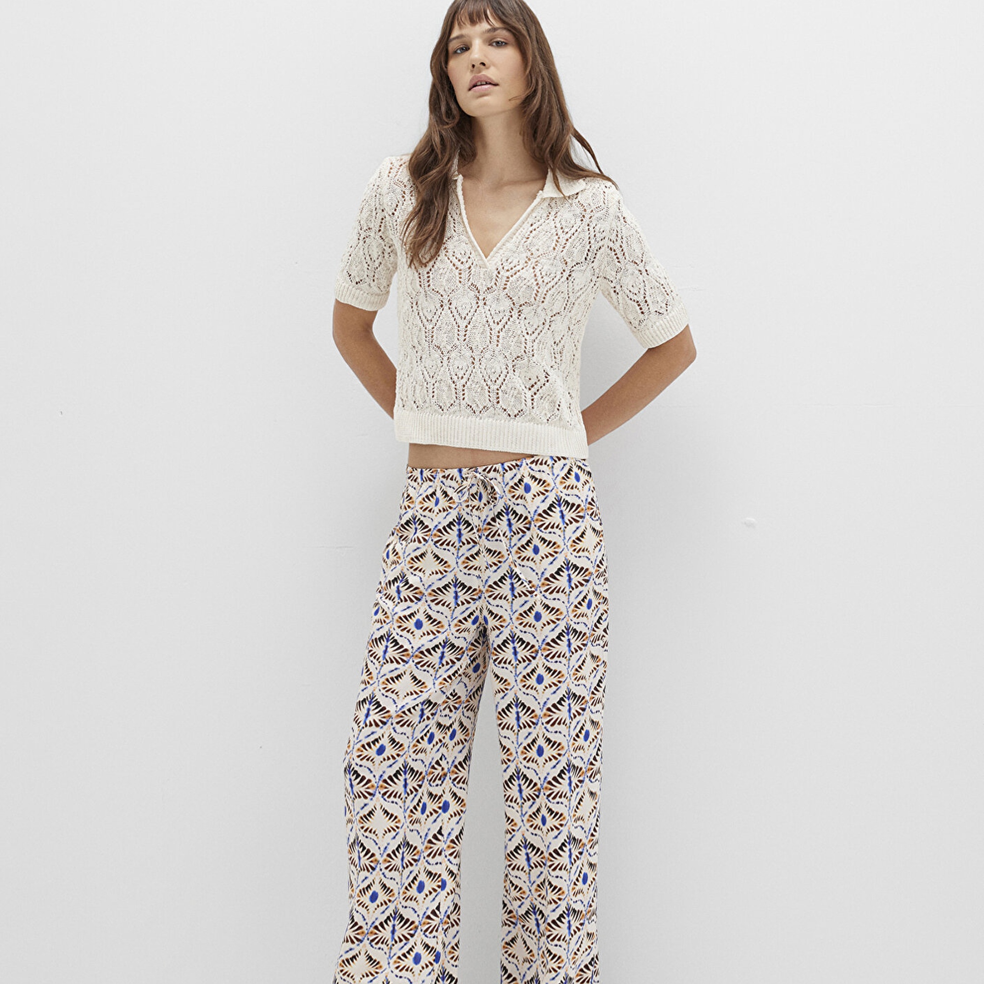 Mavi Etnik Baskılı Bej Pantolon 1011123-91008