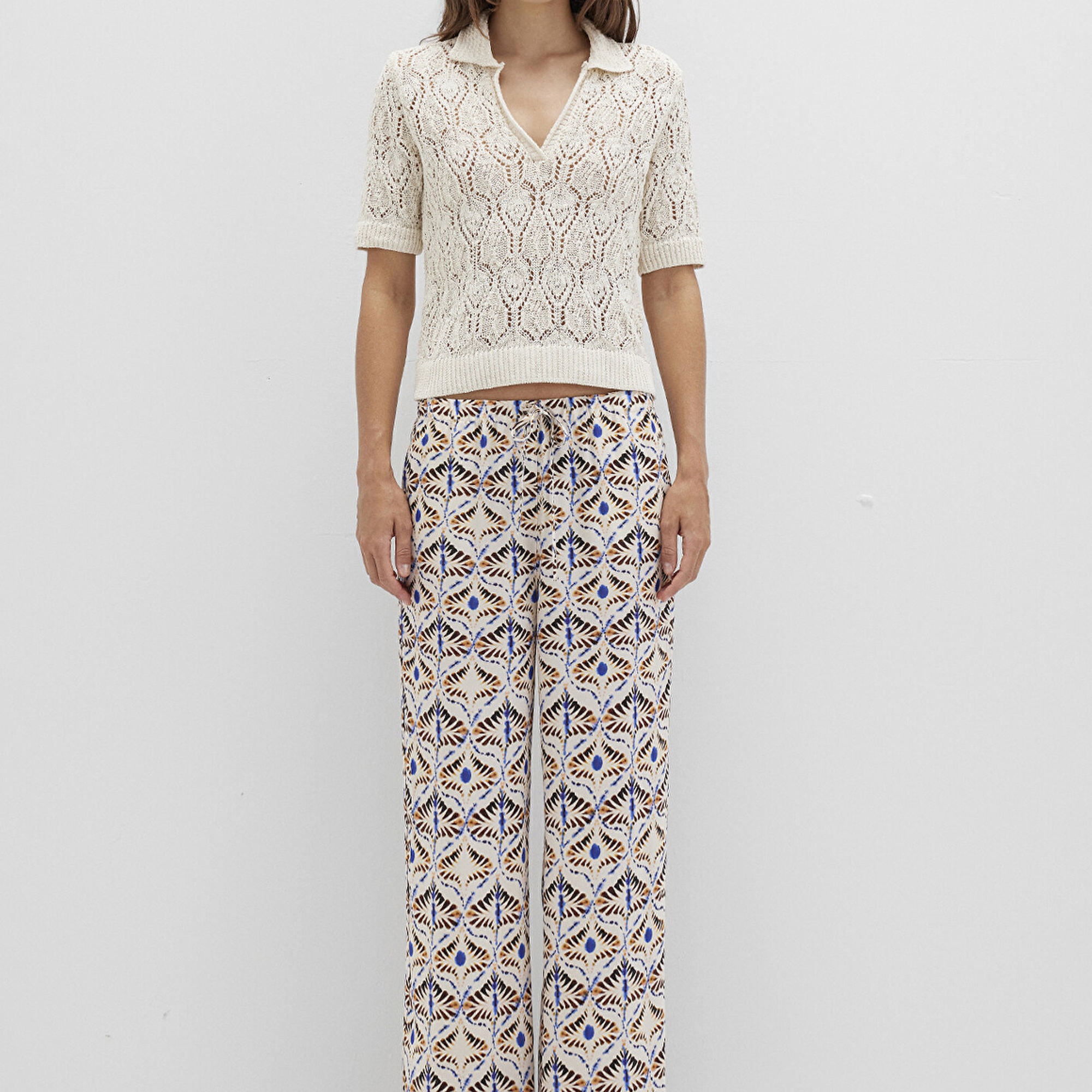 Mavi Etnik Baskılı Bej Pantolon 1011123-91008