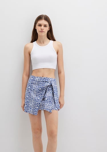  Mavi Bağlama Detaylı Baskılı Lacivert Mini Etek 1310767-91087