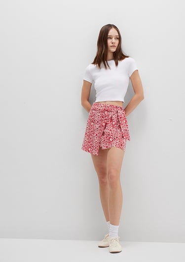  Mavi Bağlama Detaylı Baskılı Kırmızı Mini Etek 1310767-91091