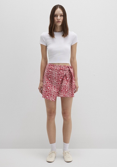  Mavi Bağlama Detaylı Baskılı Kırmızı Mini Etek 1310767-91091