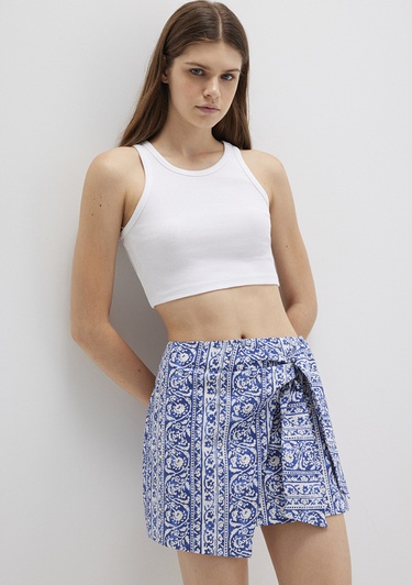  Mavi Bağlama Detaylı Baskılı Lacivert Mini Etek 1310767-91087