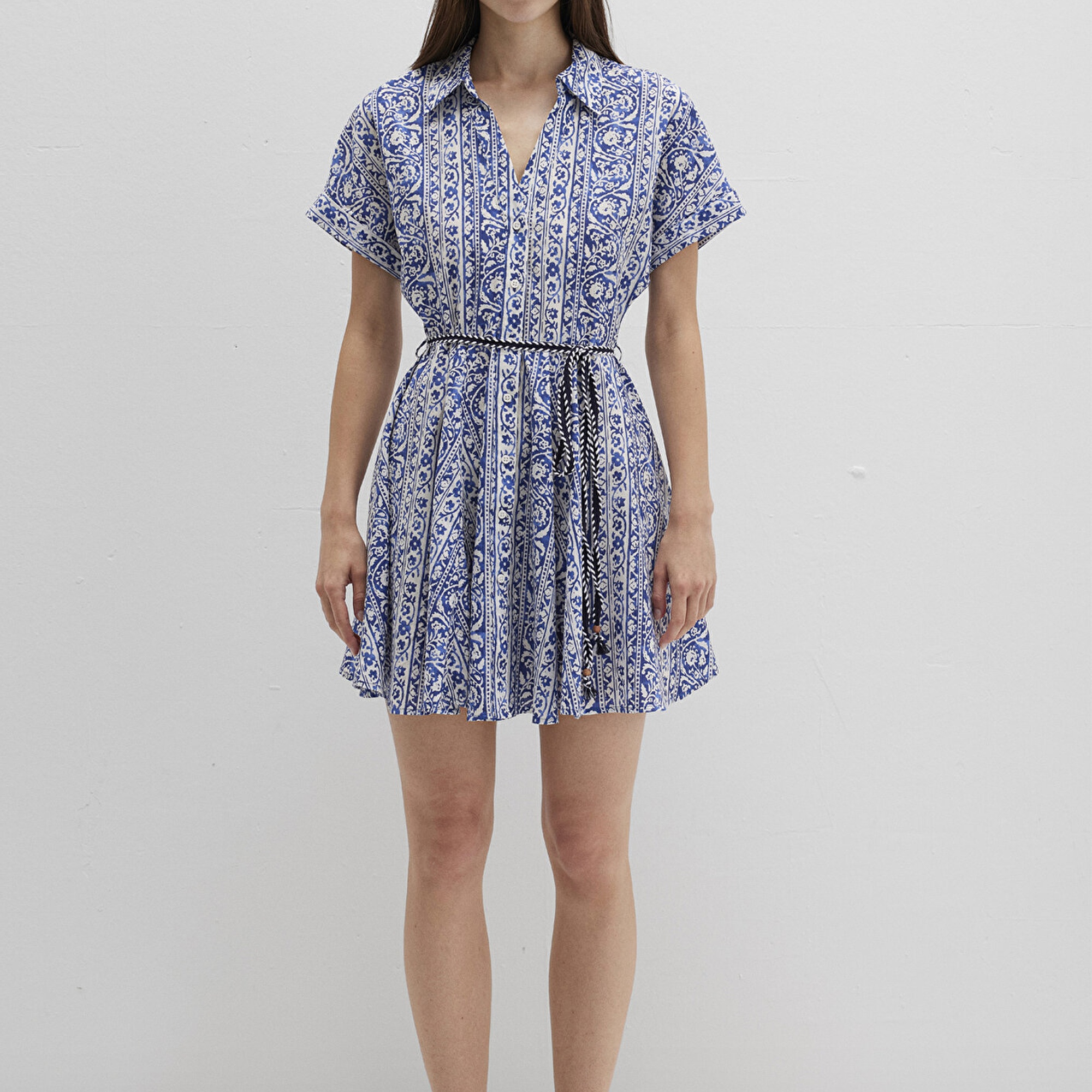 Mavi Baskılı Beli Bağcıklı Mini Elbise 1310763-91087