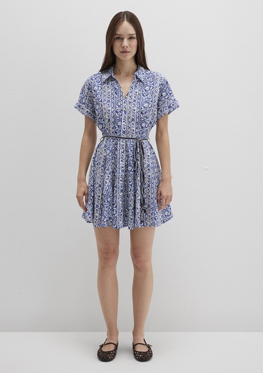  Mavi Baskılı Beli Bağcıklı Mini Elbise 1310763-91087