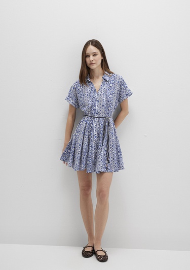  Mavi Baskılı Beli Bağcıklı Mini Elbise 1310763-91087