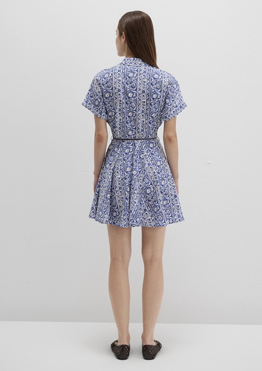  Mavi Baskılı Beli Bağcıklı Mini Elbise 1310763-91087
