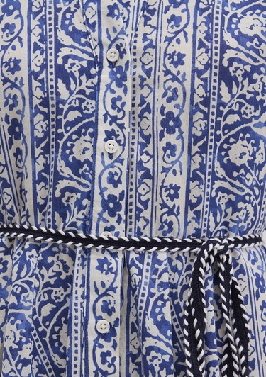  Mavi Baskılı Beli Bağcıklı Mini Elbise 1310763-91087