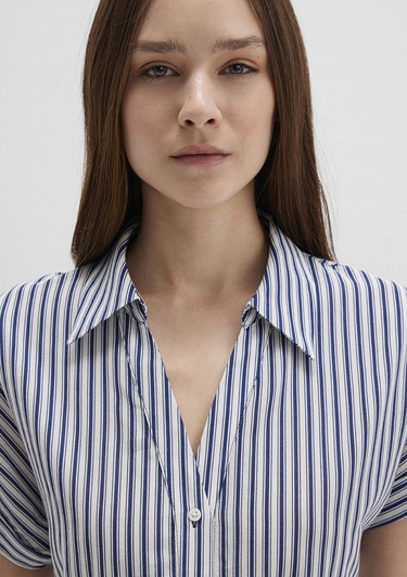  Mavi Çizgili Beli Bağcıklı Mini Elbise 1310763-91086