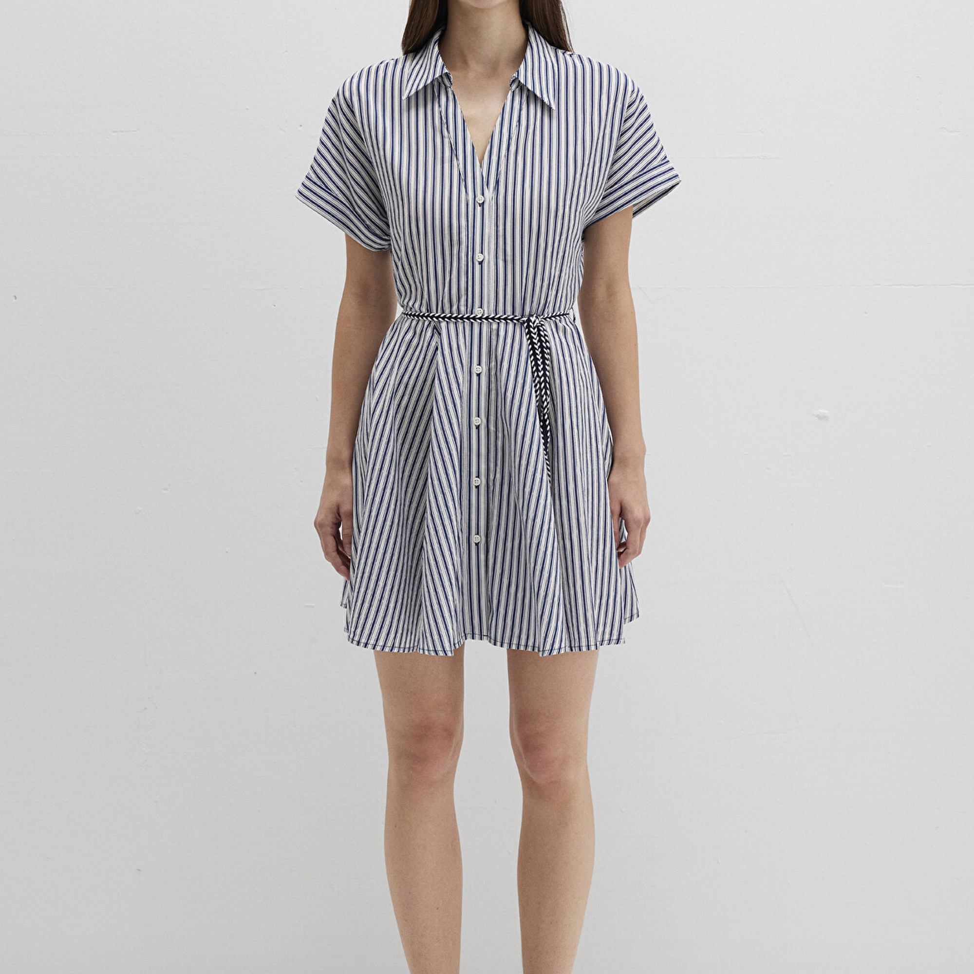 Mavi Çizgili Beli Bağcıklı Mini Elbise 1310763-91086