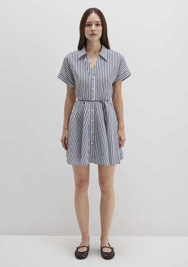 Mavi Çizgili Beli Bağcıklı Mini Elbise 1310763-91086